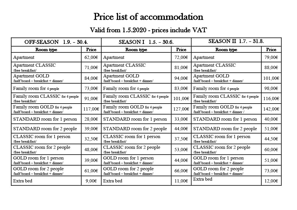 Price list of accommodation - English